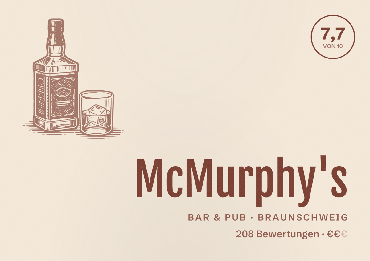 Illustriertes Poster von McMurphy's, Bar & Pub in Braunschweig: Bewertung 7,7 von 10 aus 208 Bewertungen, Preisniveau €€