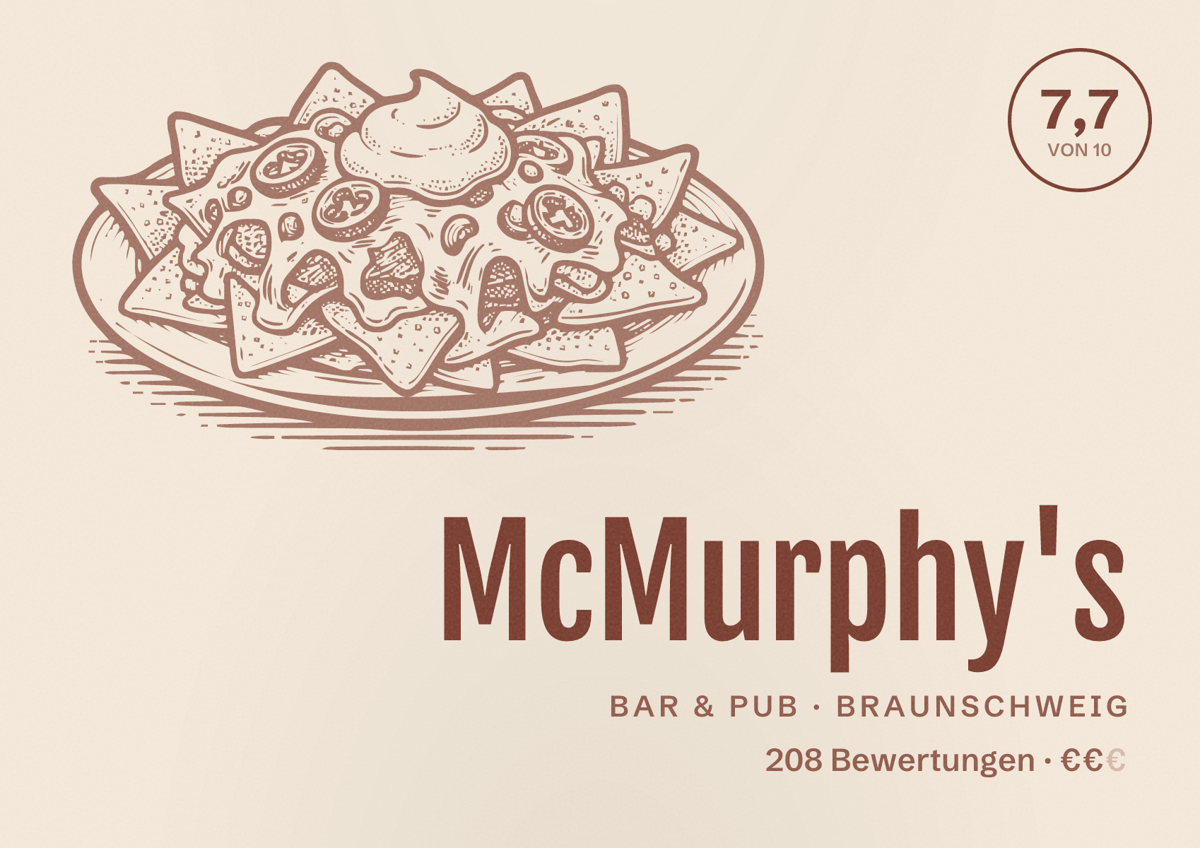 Illustriertes Poster von McMurphy's, Bar & Pub in Braunschweig: Bewertung 7,7 von 10 aus 208 Bewertungen, Preisniveau €€