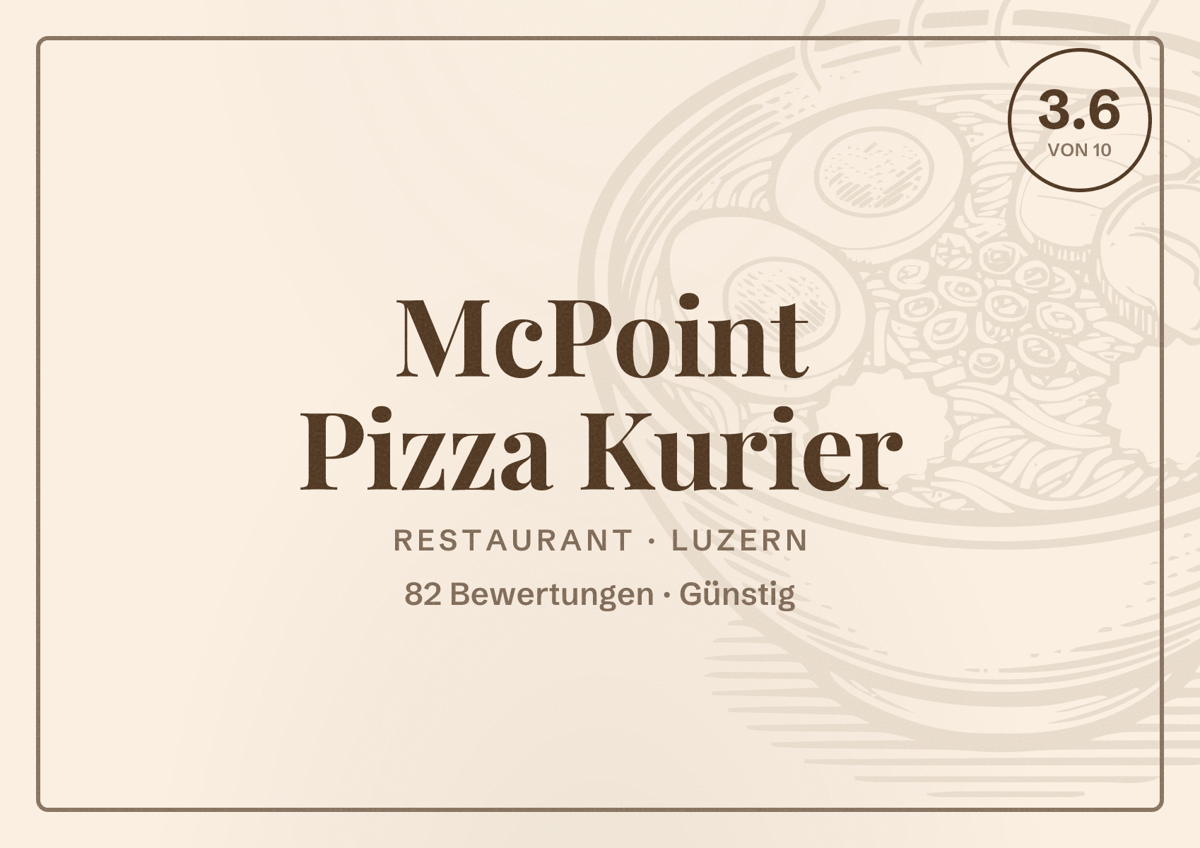 Illustriertes Poster von McPoint Pizza Kurier, Restaurant in Luzern: Bewertung 3.6 von 10 aus 82 Bewertungen, Preisniveau Günstig