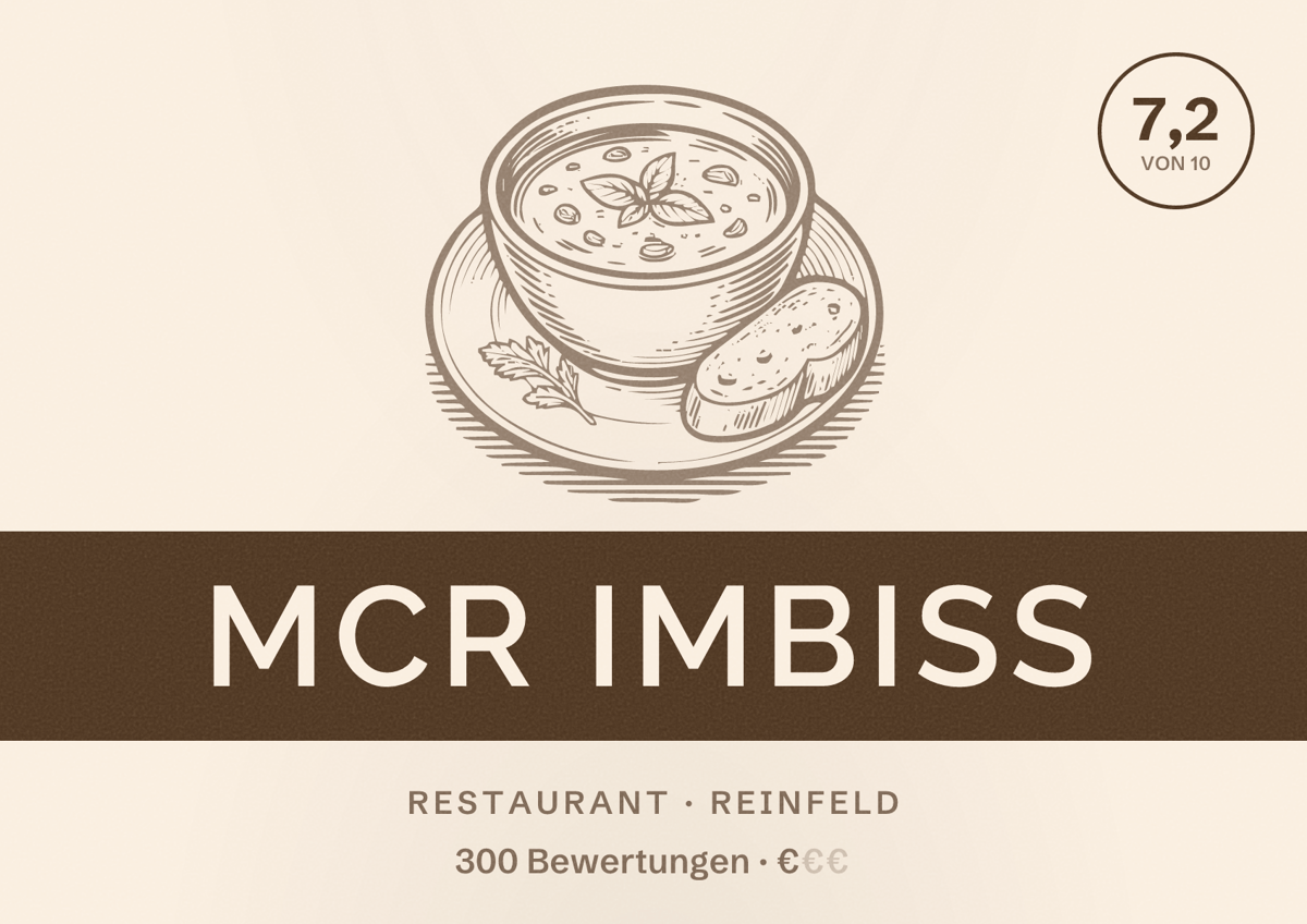 Illustriertes Poster von MCR Imbiss, Restaurant in Reinfeld: Bewertung 7,2 von 10 aus 300 Bewertungen, Preisniveau €