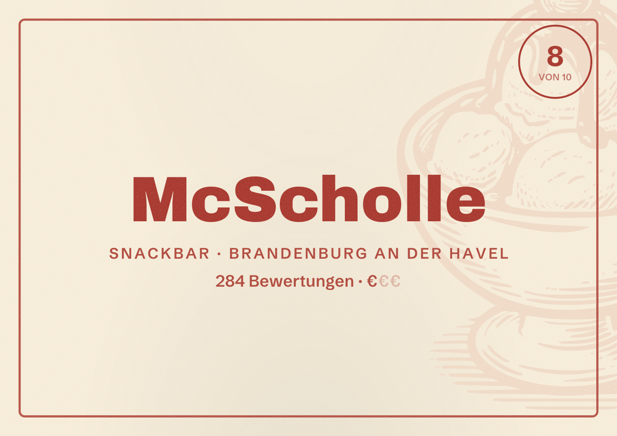 Illustriertes Poster von McScholle, Snackbar in Brandenburg an der Havel: Bewertung 8 von 10 aus 284 Bewertungen, Preisniveau €