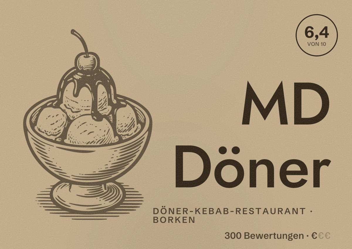 Illustriertes Poster von MD Döner, Döner-Kebab-Restaurant in Borken: Bewertung 6,4 von 10 aus 300 Bewertungen, Preisniveau €