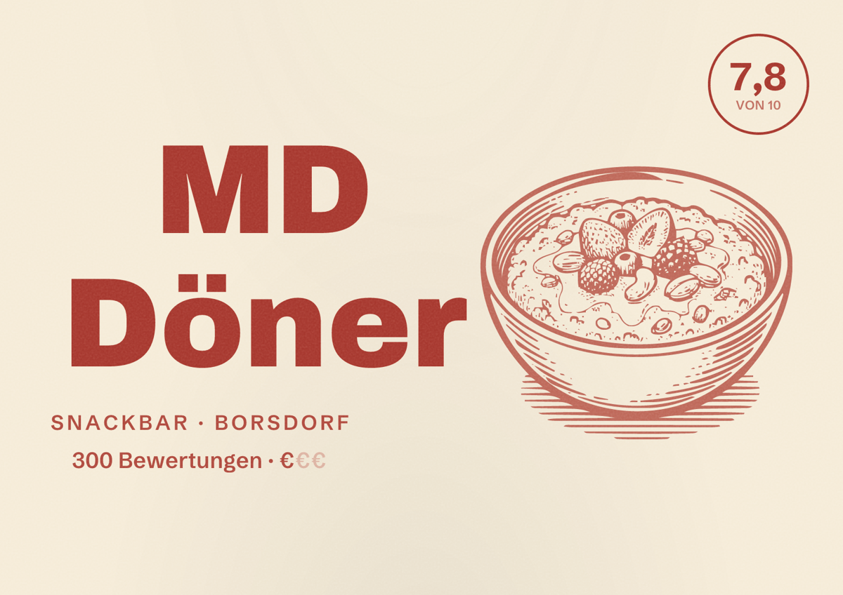 Illustriertes Poster von MD Döner, Snackbar in Borsdorf: Bewertung 7,8 von 10 aus 300 Bewertungen, Preisniveau €