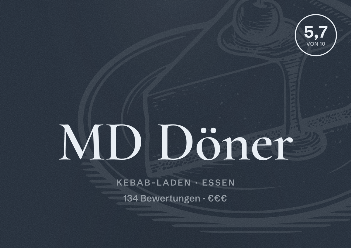 Illustriertes Poster von MD Döner, Kebab-Laden in Essen: Bewertung 5,7 von 10 aus 134 Bewertungen, Preisniveau €€€