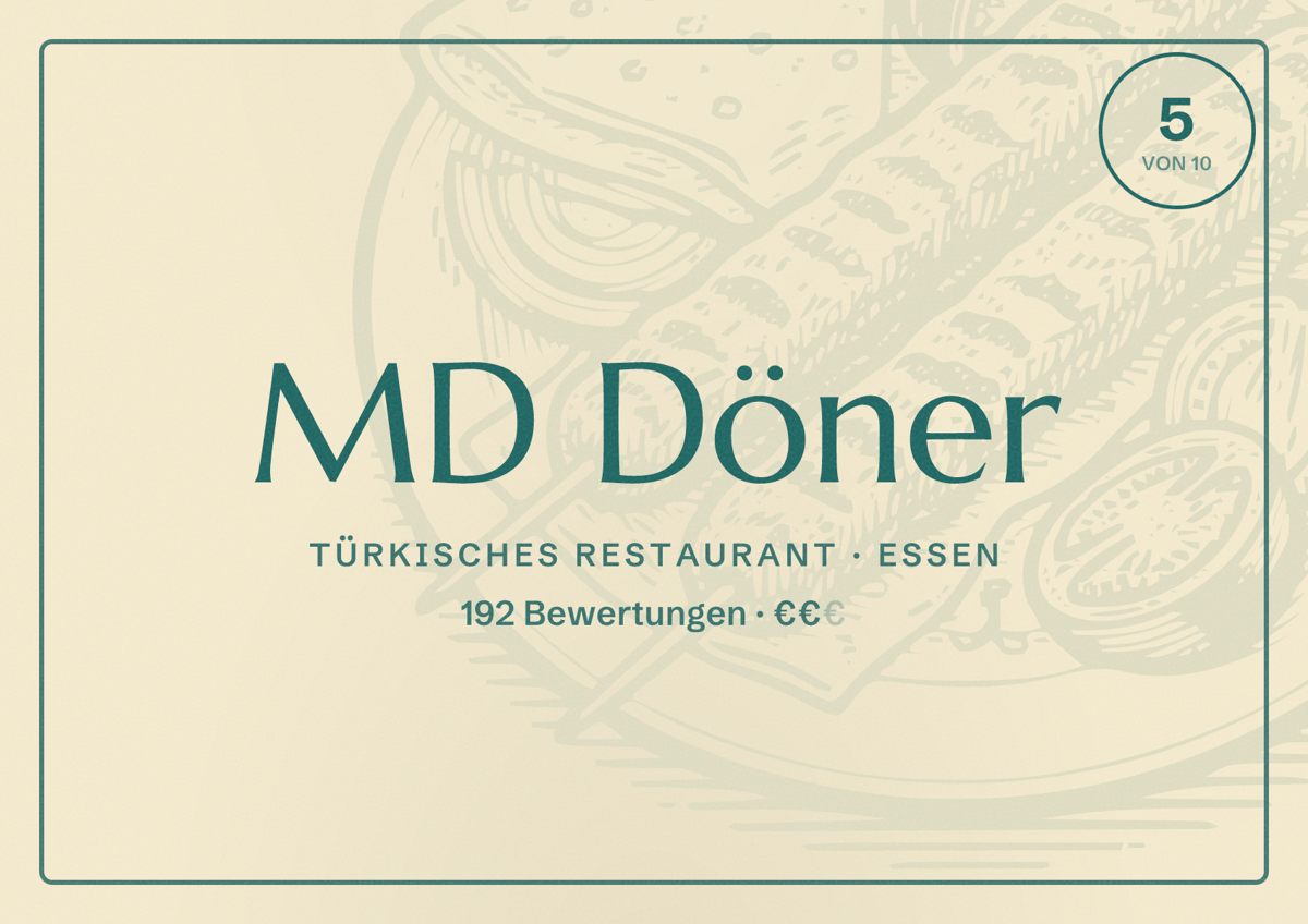 Illustriertes Poster von MD Döner, Türkisches Restaurant in Essen: Bewertung 5 von 10 aus 192 Bewertungen, Preisniveau €€