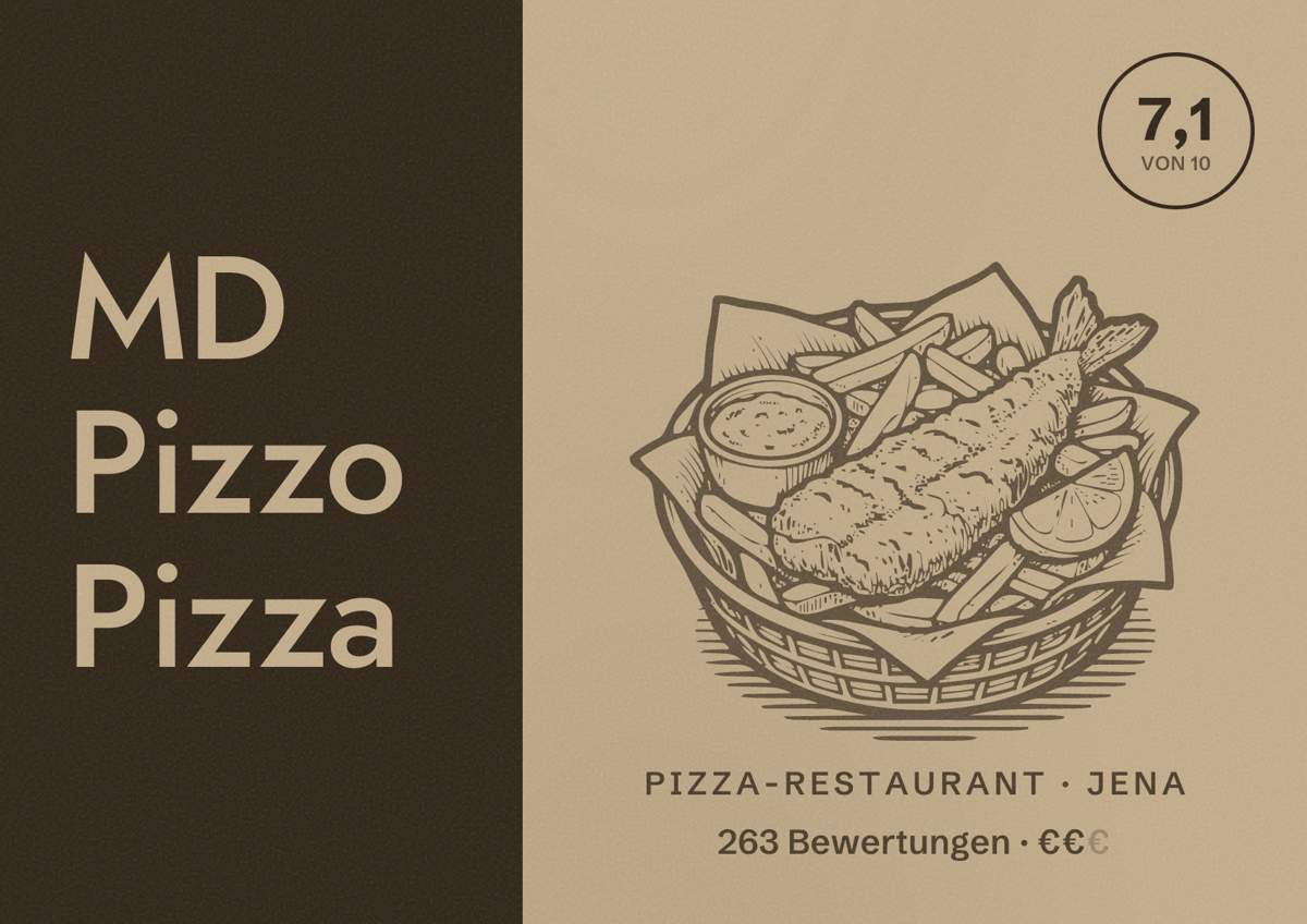 Illustriertes Poster von MD Pizzo Pizza, Pizza-Restaurant in Jena: Bewertung 7,1 von 10 aus 263 Bewertungen, Preisniveau €€
