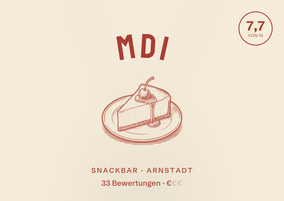 Illustriertes Poster von MD1, Snackbar in Arnstadt: Bewertung 7,7 von 10 aus 33 Bewertungen, Preisniveau €