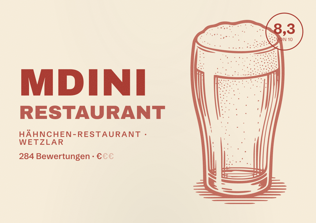 Illustriertes Poster von MDINI RESTAURANT, Hähnchen-Restaurant in Wetzlar: Bewertung 8,3 von 10 aus 284 Bewertungen, Preisniveau €