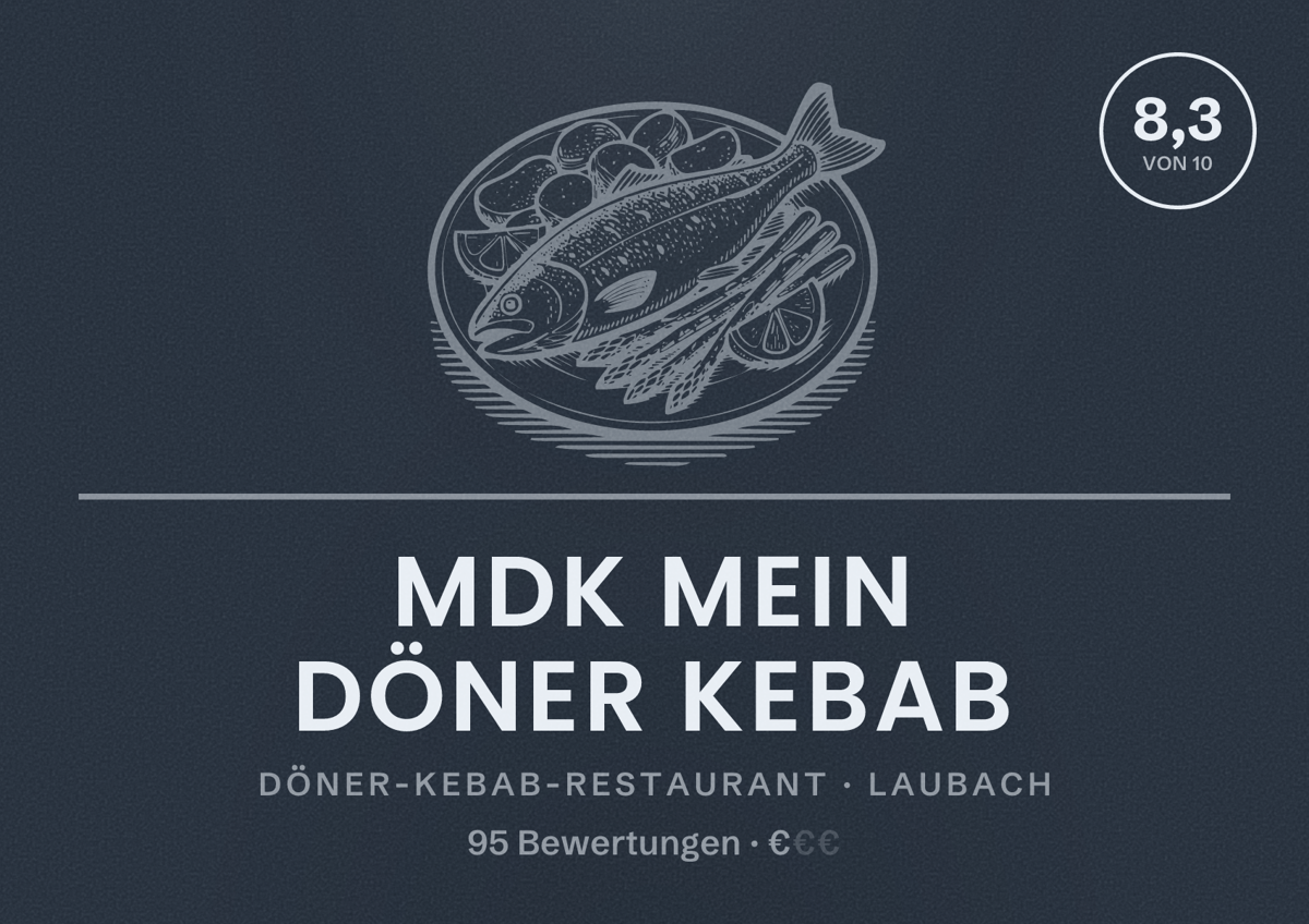 Illustriertes Poster von MDK Mein Döner Kebab, Döner-Kebab-Restaurant in Laubach: Bewertung 8,3 von 10 aus 95 Bewertungen, Preisniveau €
