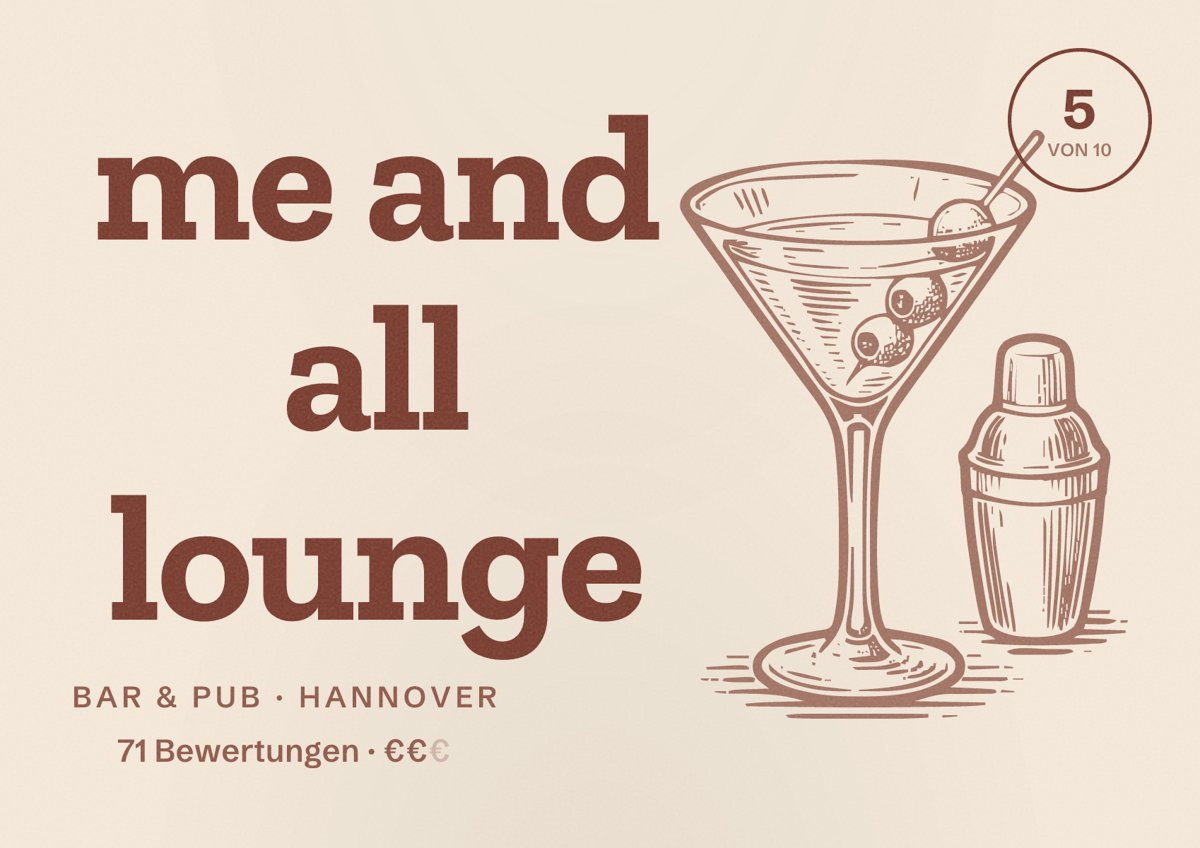 Illustriertes Poster von me and all lounge, Bar & Pub in Hannover: Bewertung 5 von 10 aus 71 Bewertungen, Preisniveau €€
