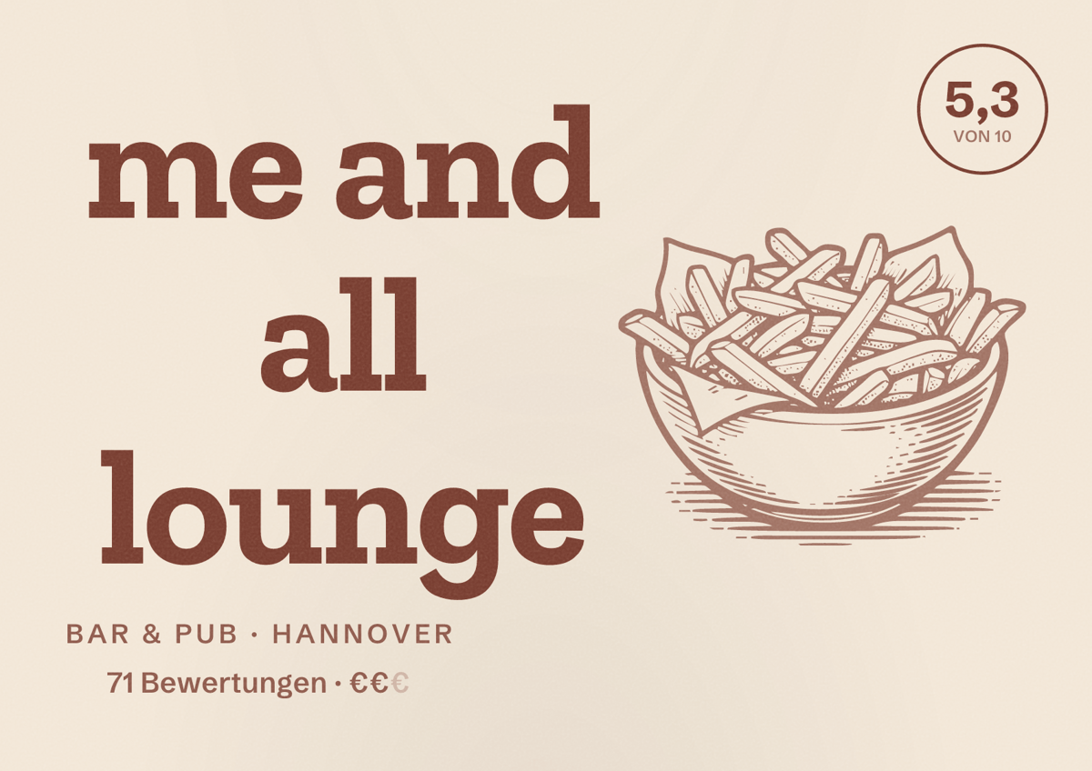 Illustriertes Poster von me and all lounge, Bar & Pub in Hannover: Bewertung 5,3 von 10 aus 71 Bewertungen, Preisniveau €€