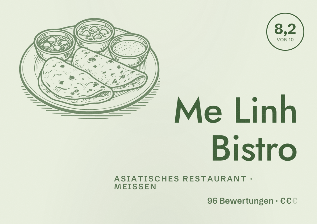 Illustriertes Poster von Me Linh Bistro, Asiatisches Restaurant in Meißen: Bewertung 8,2 von 10 aus 96 Bewertungen, Preisniveau €€