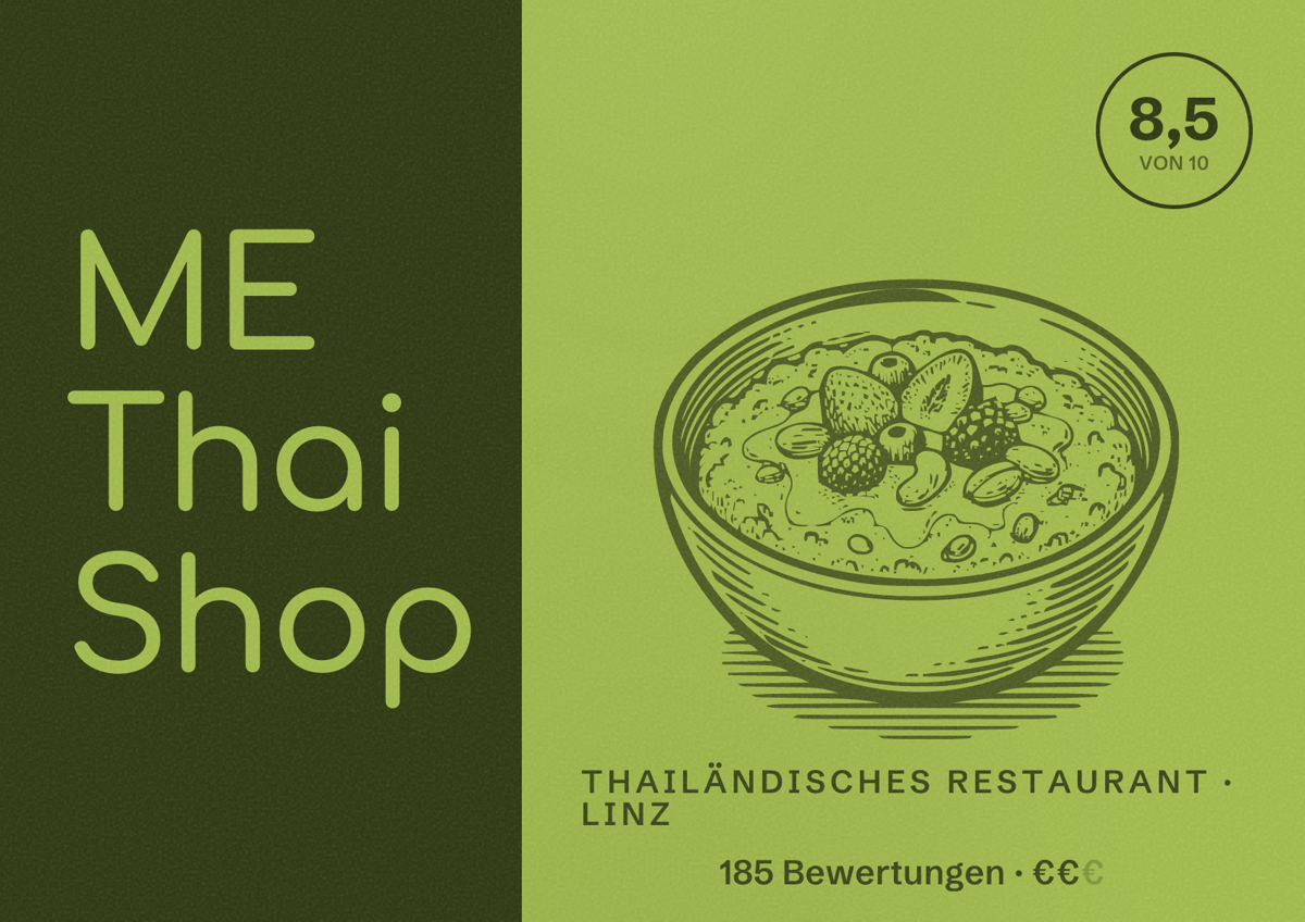 Illustriertes Poster von ME Thai Shop, Thailändisches Restaurant in Linz: Bewertung 8,5 von 10 aus 185 Bewertungen, Preisniveau €€