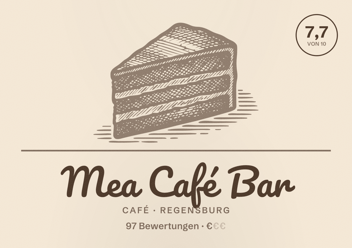 Illustriertes Poster von Mea Café Bar, Café in Regensburg: Bewertung 7,7 von 10 aus 97 Bewertungen, Preisniveau €