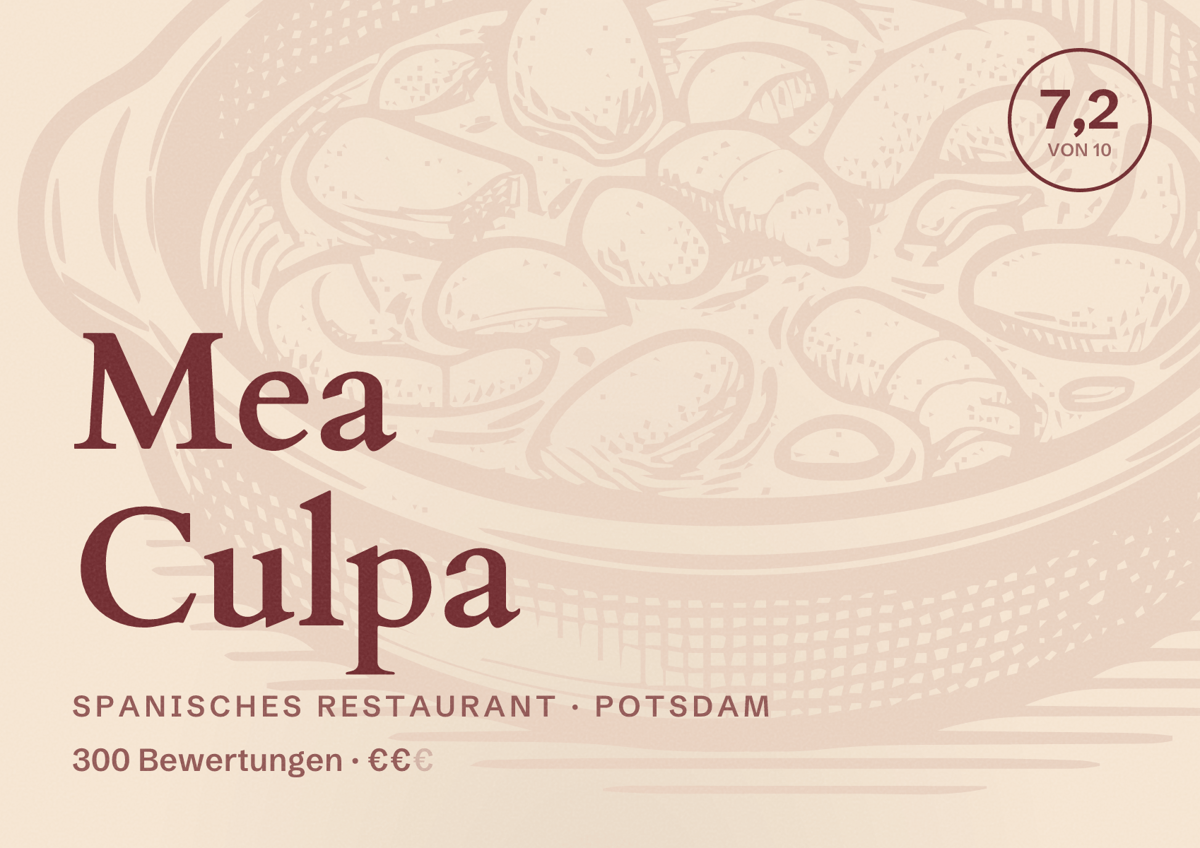 Illustriertes Poster von Mea Culpa, Spanisches Restaurant in Potsdam: Bewertung 7,2 von 10 aus 300 Bewertungen, Preisniveau €€
