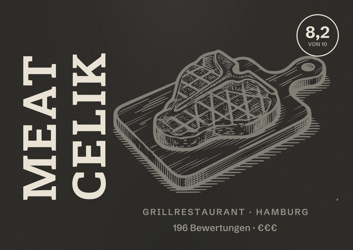 Illustriertes Poster von MEAT Celik, Grillrestaurant in Hamburg: Bewertung 8,2 von 10 aus 196 Bewertungen, Preisniveau €€€