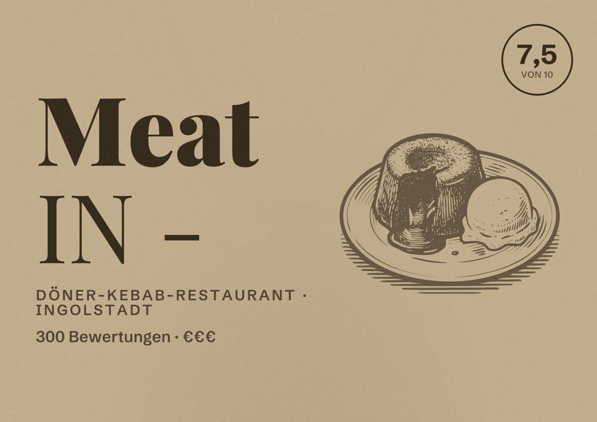 Illustriertes Poster von Meat IN -, Döner-Kebab-Restaurant in Ingolstadt: Bewertung 7,5 von 10 aus 300 Bewertungen, Preisniveau €€€