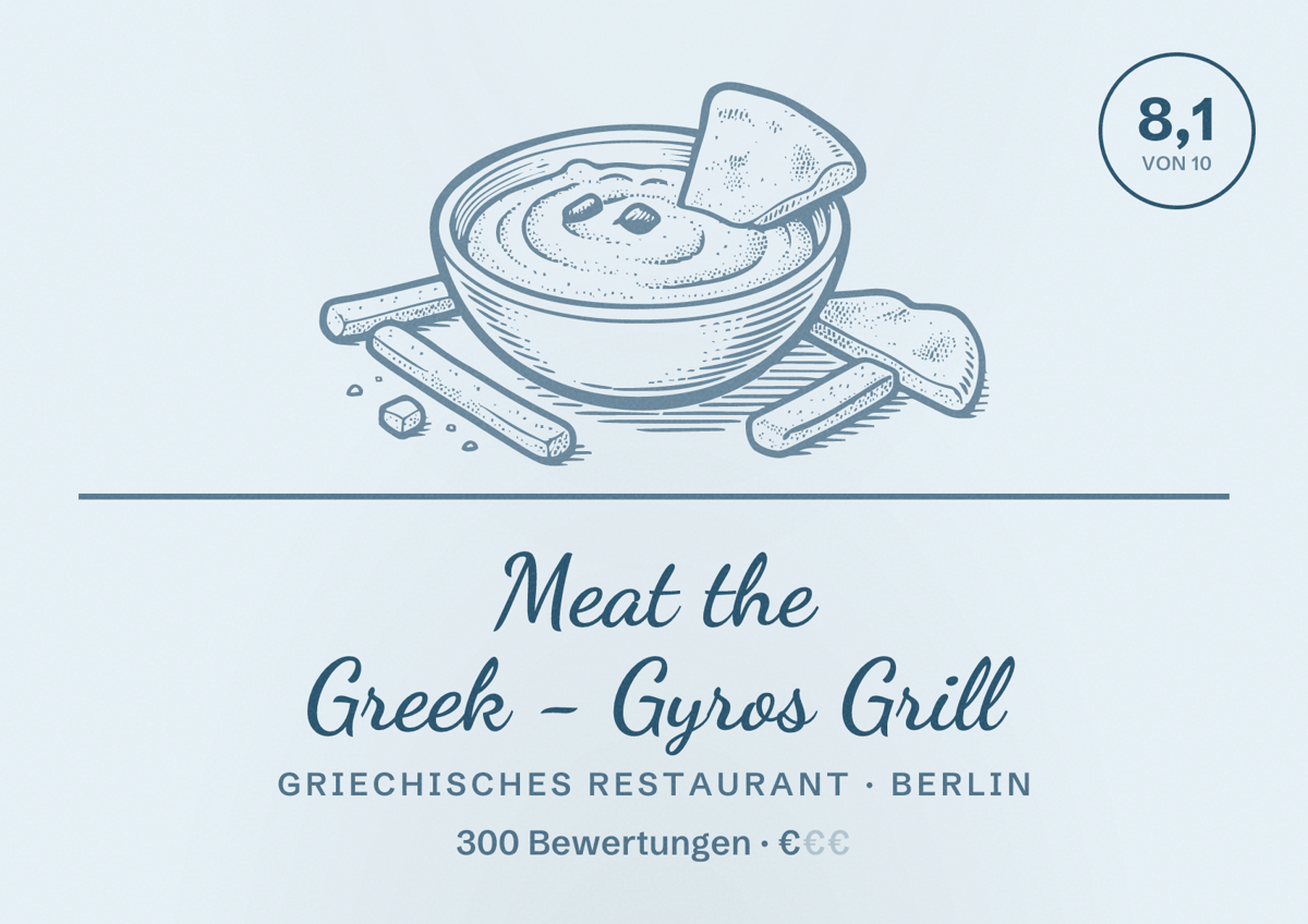 Illustriertes Poster von Meat the Greek - Gyros Grill, Griechisches Restaurant in Berlin: Bewertung 8,1 von 10 aus 300 Bewertungen, Preisniveau €