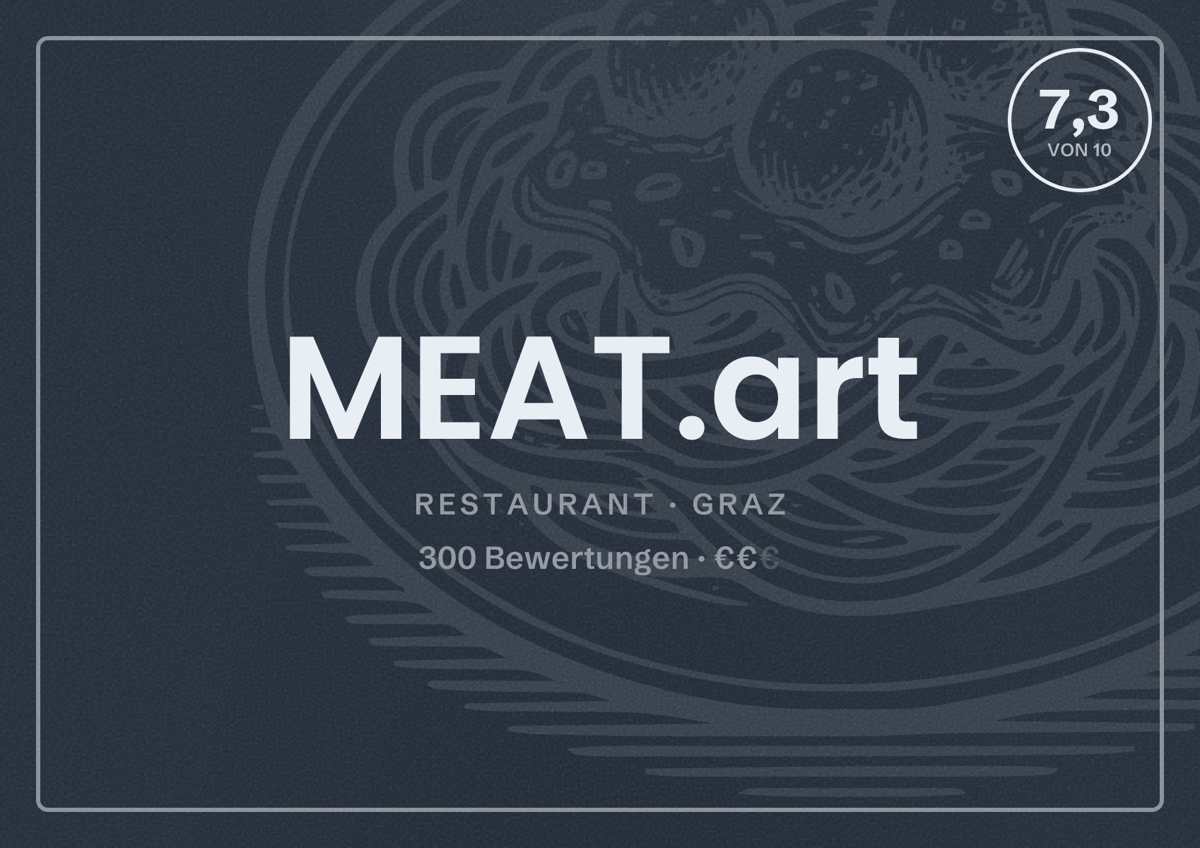 Illustriertes Poster von MEAT.art, Restaurant in Graz: Bewertung 7,3 von 10 aus 300 Bewertungen, Preisniveau €€
