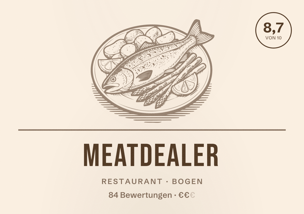 Illustriertes Poster von Meatdealer, Restaurant in Bogen: Bewertung 8,7 von 10 aus 84 Bewertungen, Preisniveau €€