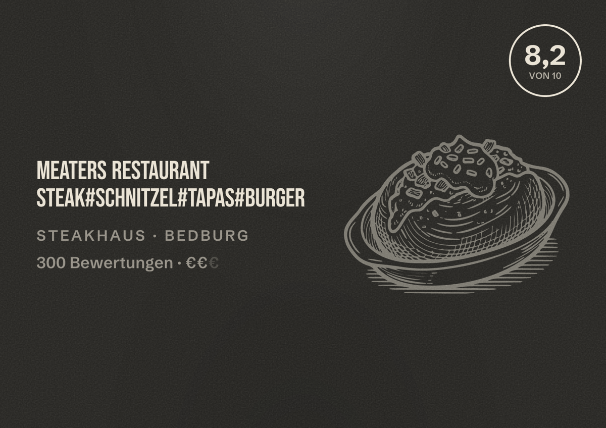 Illustriertes Poster von Meaters Restaurant Steak#Schnitzel#Tapas#Burger, Steakhaus in Bedburg: Bewertung 8,2 von 10 aus 300 Bewertungen, Preisniveau €€