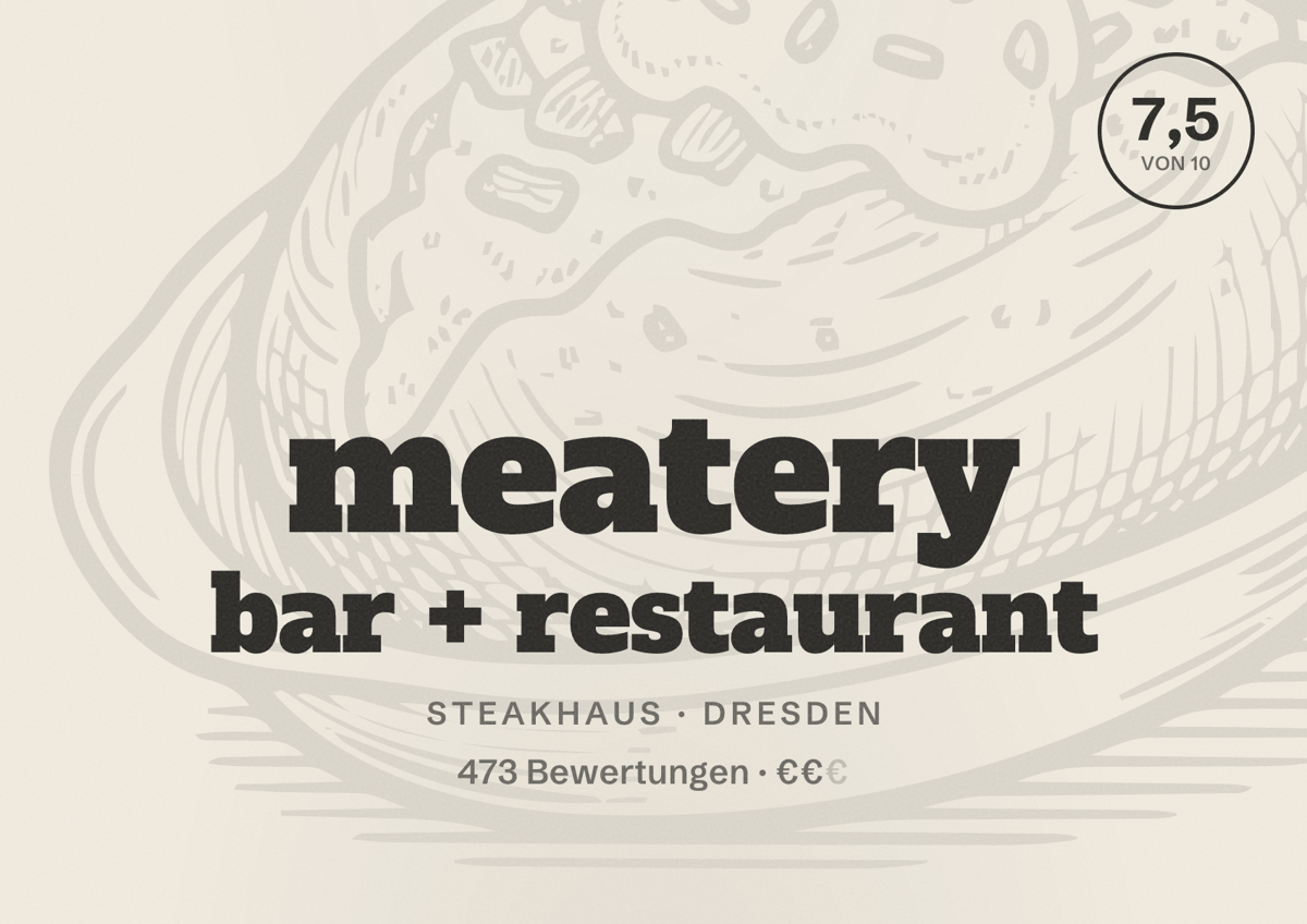 Illustriertes Poster von meatery bar + restaurant, Steakhaus in Dresden: Bewertung 7,5 von 10 aus 473 Bewertungen, Preisniveau €€