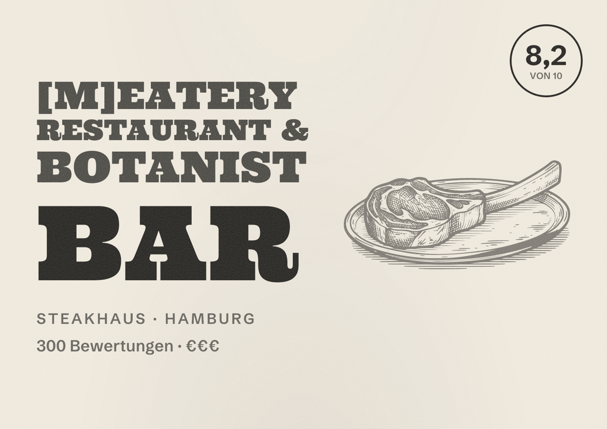 Illustriertes Poster von [m]eatery restaurant & botanist bar, Steakhaus in Hamburg: Bewertung 8,2 von 10 aus 300 Bewertungen, Preisniveau €€€