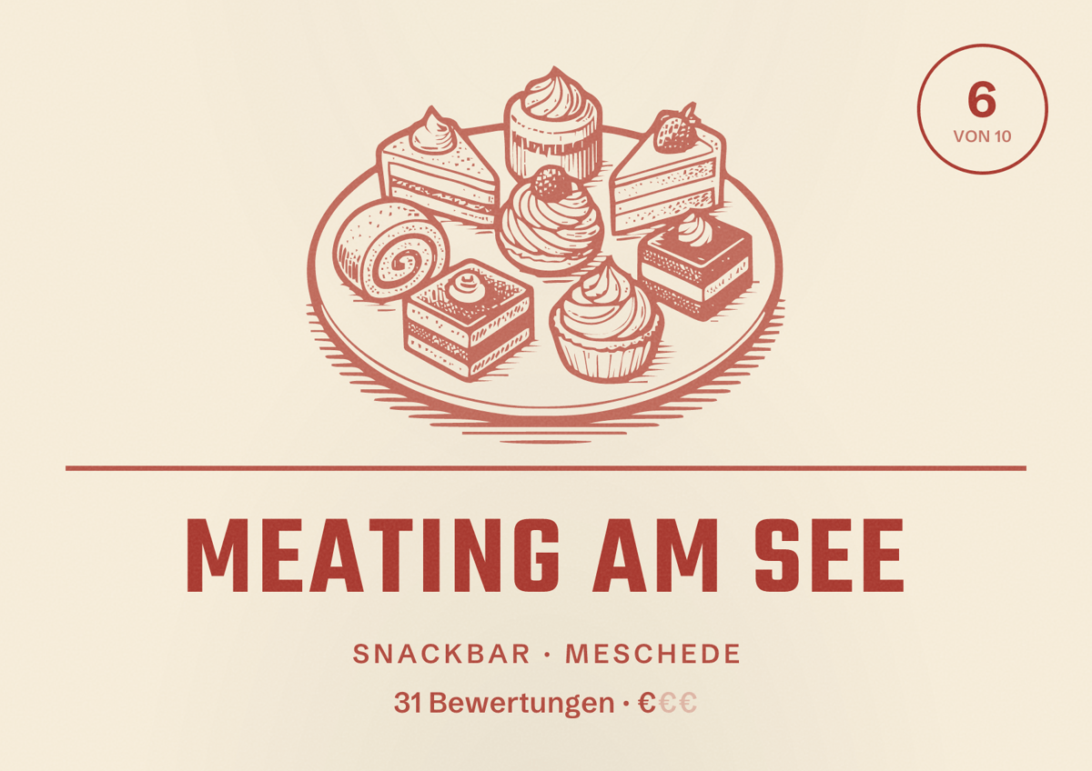 Illustriertes Poster von Meating am See, Snackbar in Meschede: Bewertung 6 von 10 aus 31 Bewertungen, Preisniveau €