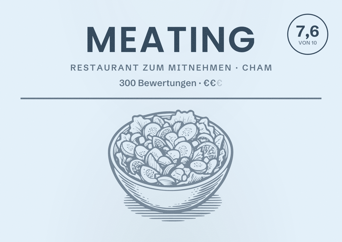 Illustriertes Poster von Meating, Restaurant zum Mitnehmen in Cham: Bewertung 7,6 von 10 aus 300 Bewertungen, Preisniveau €€