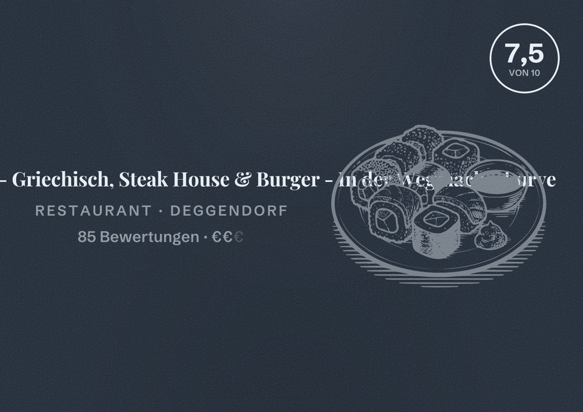Illustriertes Poster von Meating Deggendorf - Griechisch, Steak House & Burger - In der Wegmacherkurve, Restaurant in Deggendorf: Bewertung 7,5 von 10 aus 85 Bewertungen, Preisniveau €€