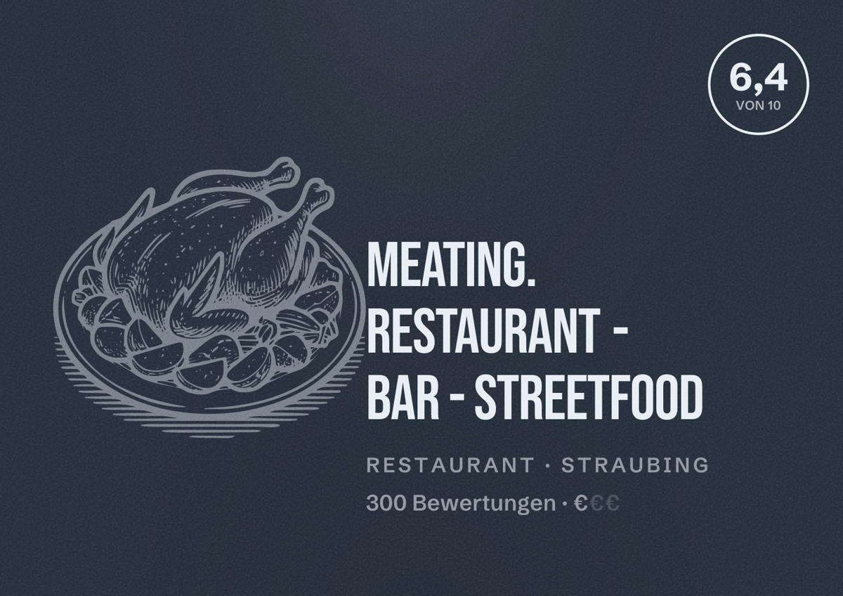 Illustriertes Poster von Meating. Restaurant - Bar - Streetfood, Restaurant in Straubing: Bewertung 6,4 von 10 aus 300 Bewertungen, Preisniveau €