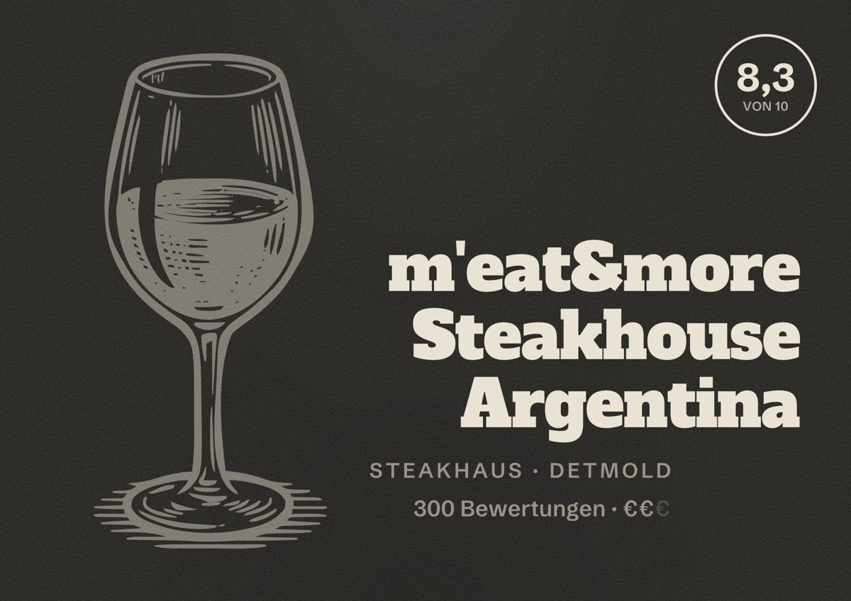 Illustriertes Poster von m'eat&more Steakhouse Argentina, Steakhaus in Detmold: Bewertung 8,3 von 10 aus 300 Bewertungen, Preisniveau €€