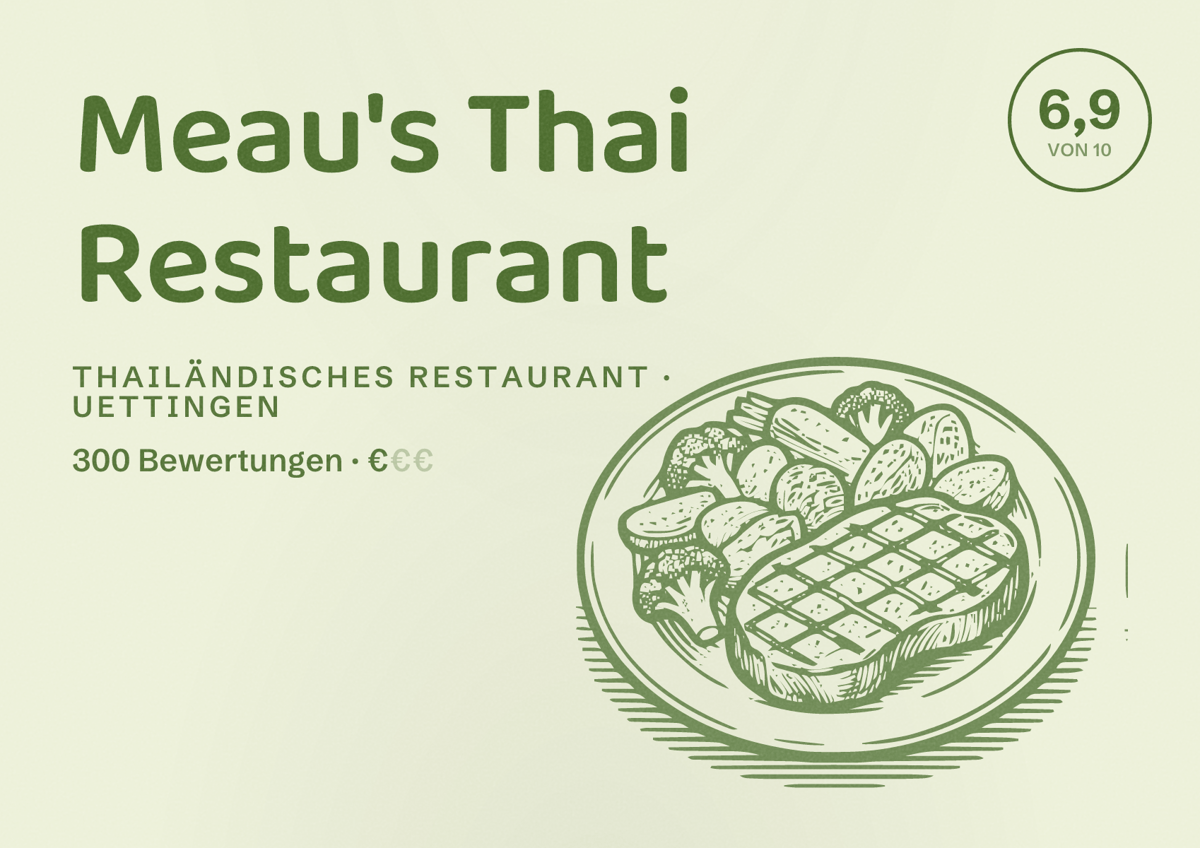 Illustriertes Poster von Meau's Thai Restaurant, Thailändisches Restaurant in Uettingen: Bewertung 6,9 von 10 aus 300 Bewertungen, Preisniveau €