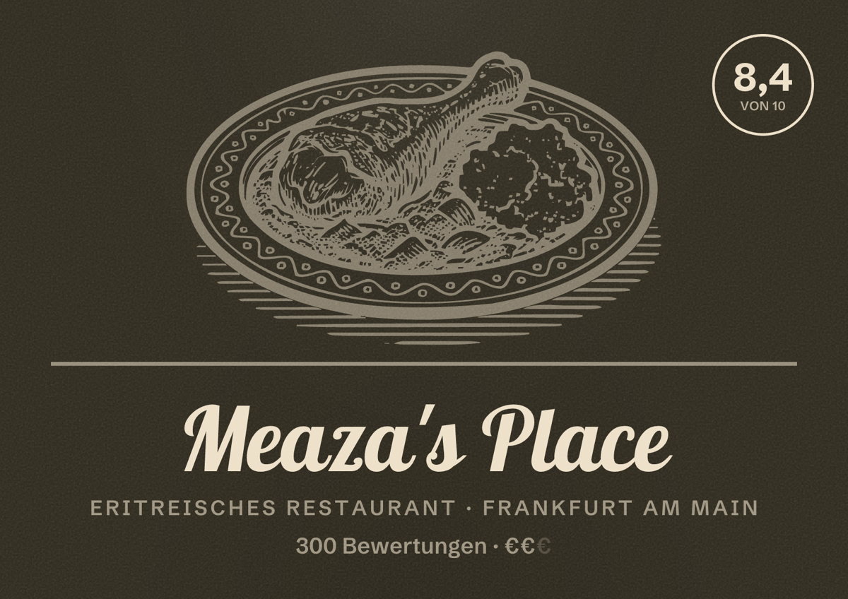 Illustriertes Poster von Meaza's Place, Eritreisches Restaurant in Frankfurt am Main: Bewertung 8,4 von 10 aus 300 Bewertungen, Preisniveau €€