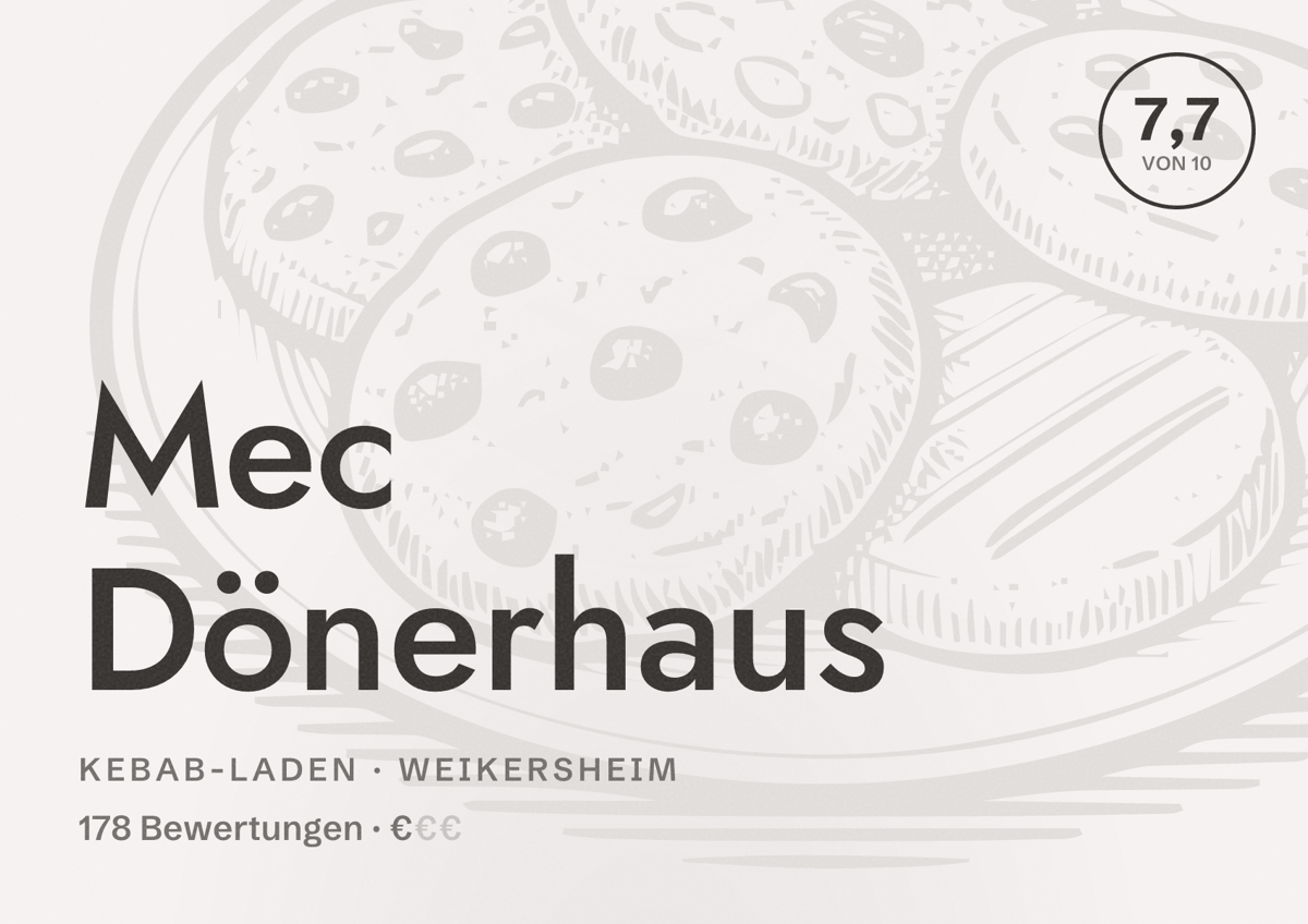 Illustriertes Poster von Mec Dönerhaus, Kebab-Laden in Weikersheim: Bewertung 7,7 von 10 aus 178 Bewertungen, Preisniveau €