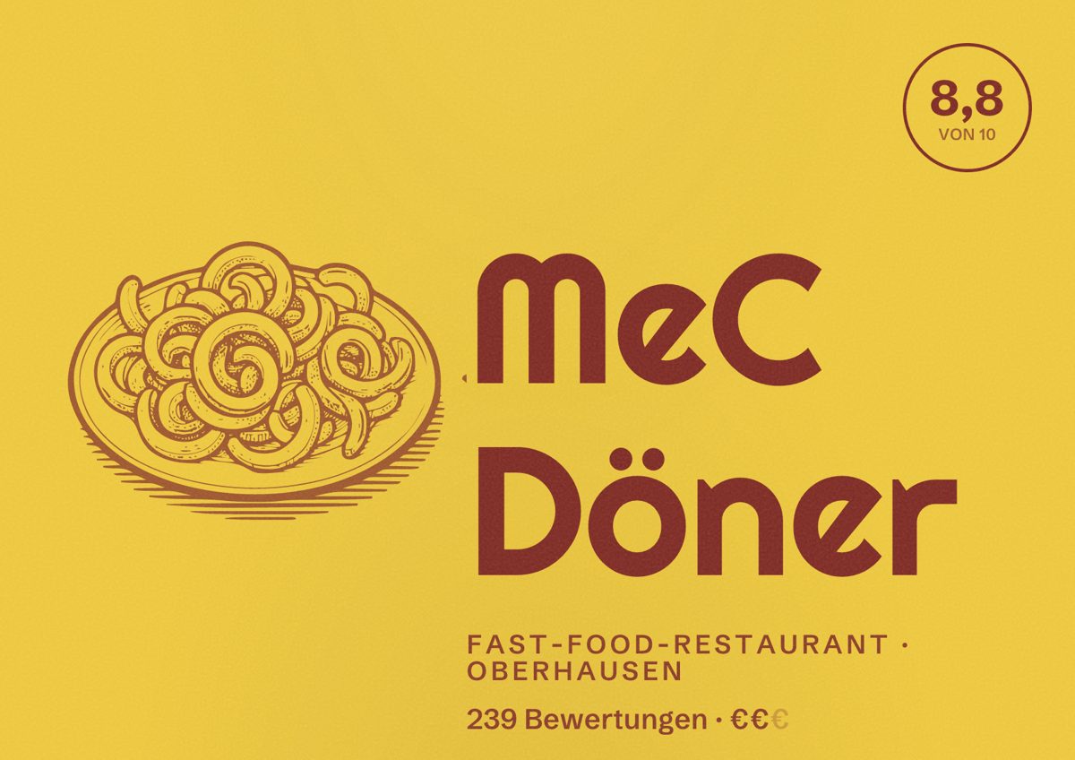 Illustriertes Poster von MeC Döner, Fast-Food-Restaurant in Oberhausen: Bewertung 8,8 von 10 aus 239 Bewertungen, Preisniveau €€