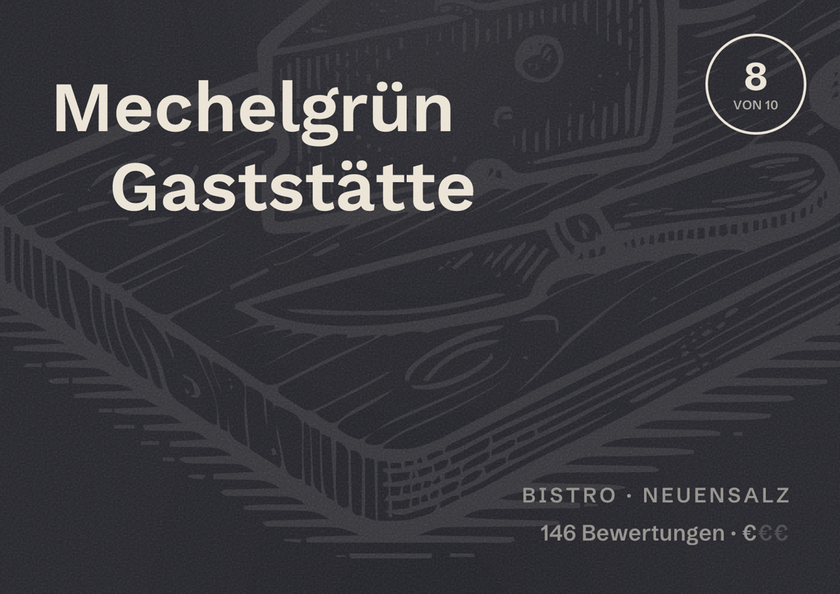 Illustriertes Poster von Mechelgrün Gaststätte, Bistro in Neuensalz: Bewertung 8 von 10 aus 146 Bewertungen, Preisniveau €