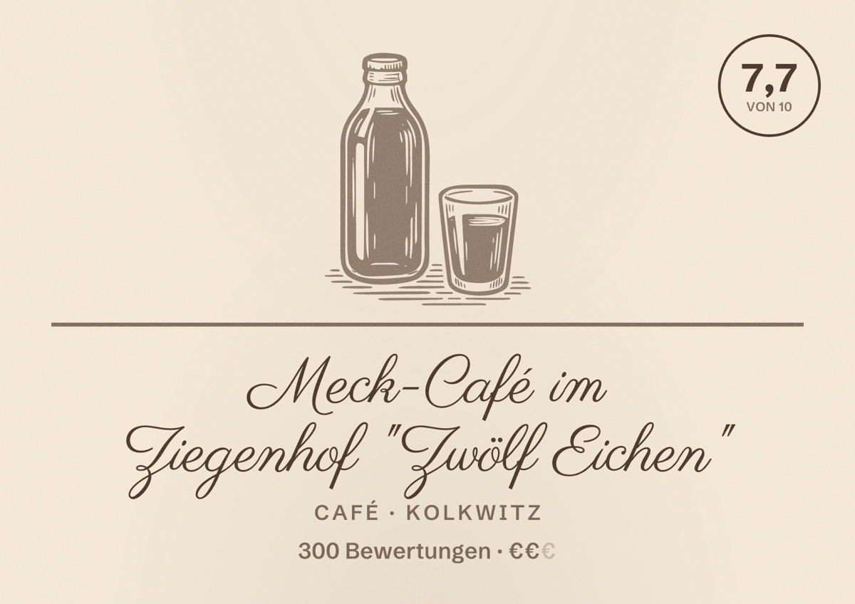 Illustriertes Poster von Meck-Café im Ziegenhof "Zwölf Eichen", Café in Kolkwitz: Bewertung 7,7 von 10 aus 300 Bewertungen, Preisniveau €€