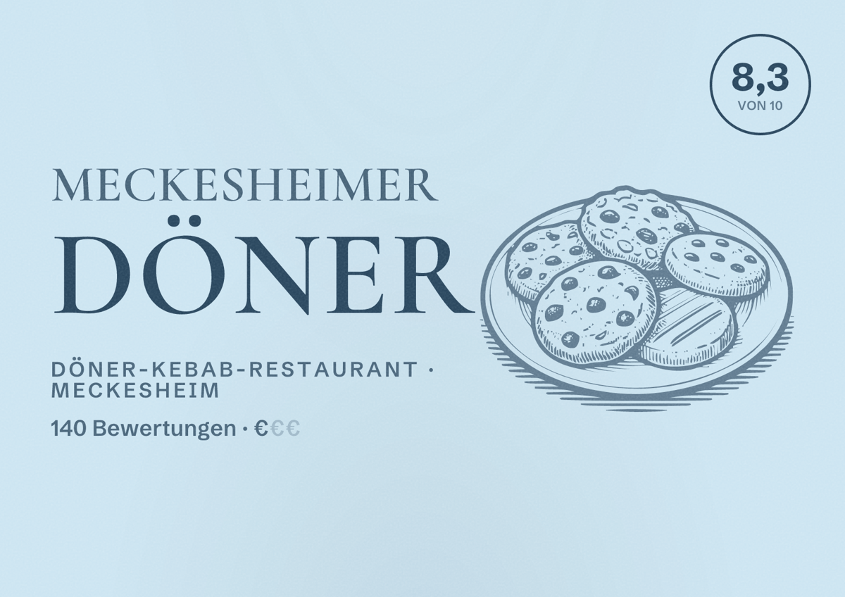 Illustriertes Poster von Meckesheimer Döner, Döner-Kebab-Restaurant in Meckesheim: Bewertung 8,3 von 10 aus 140 Bewertungen, Preisniveau €