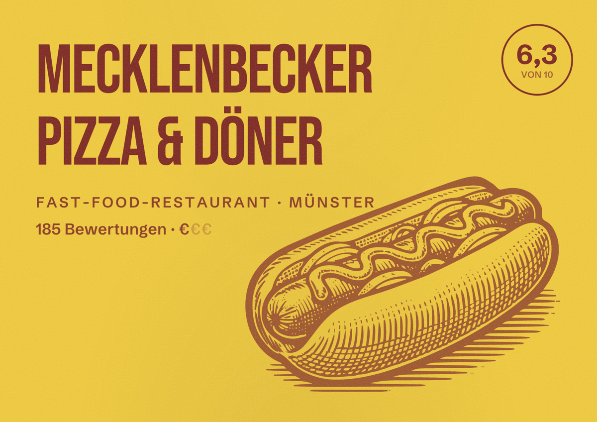 Illustriertes Poster von Mecklenbecker Pizza & Döner, Fast-Food-Restaurant in Münster: Bewertung 6,3 von 10 aus 185 Bewertungen, Preisniveau €