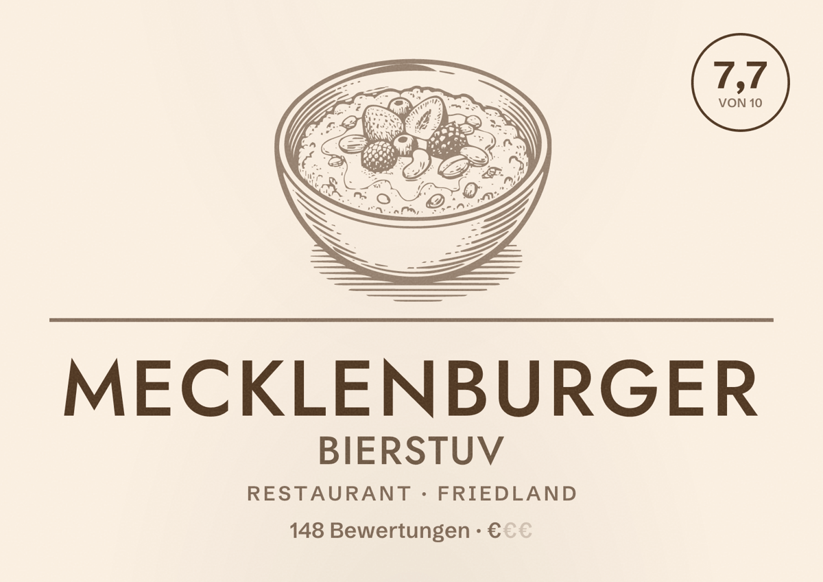 Illustriertes Poster von Mecklenburger Bierstuv, Restaurant in Friedland: Bewertung 7,7 von 10 aus 148 Bewertungen, Preisniveau €
