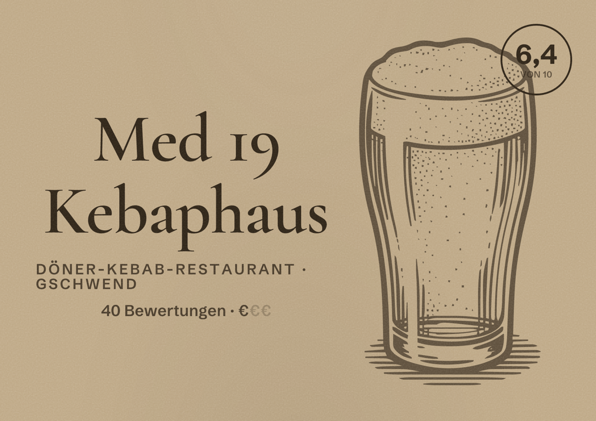 Illustriertes Poster von Med 19 Kebaphaus, Döner-Kebab-Restaurant in Gschwend: Bewertung 6,4 von 10 aus 40 Bewertungen, Preisniveau €