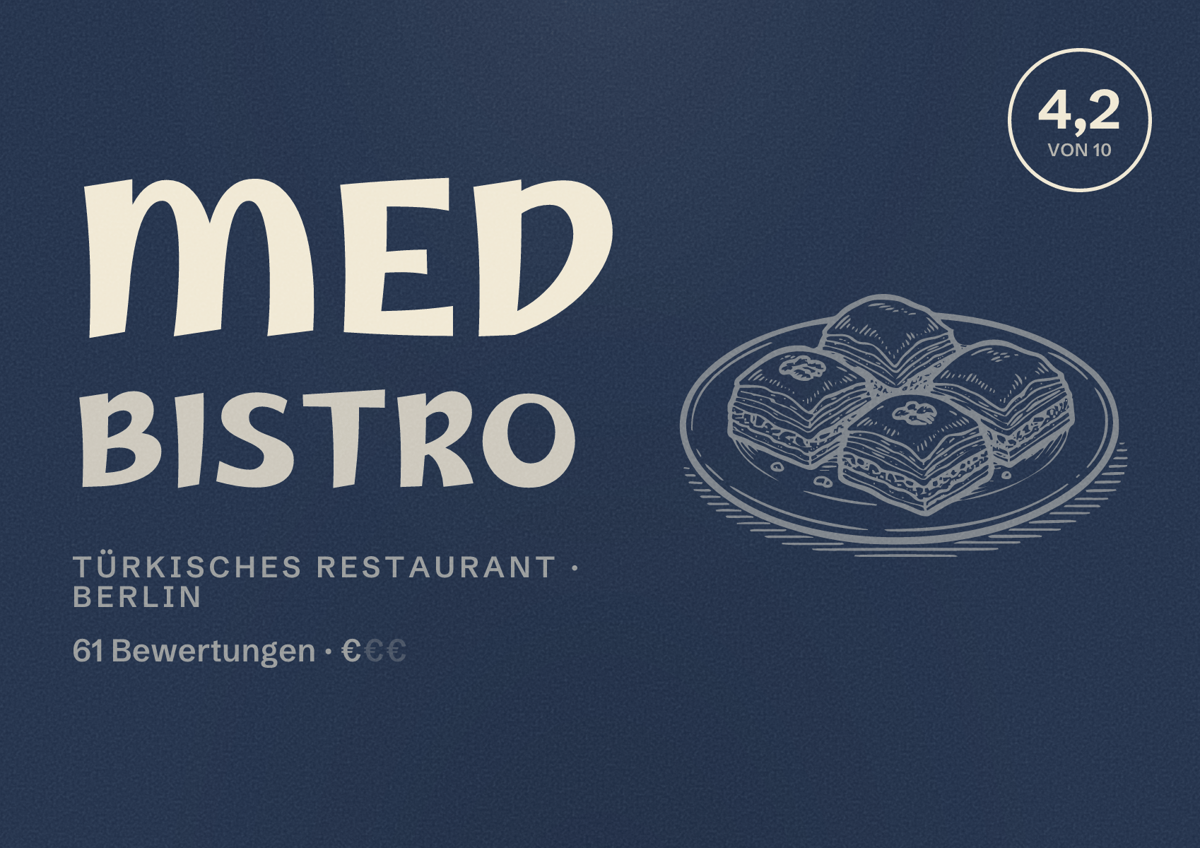 Illustriertes Poster von Med Bistro, Türkisches Restaurant in Berlin: Bewertung 4,2 von 10 aus 61 Bewertungen, Preisniveau €