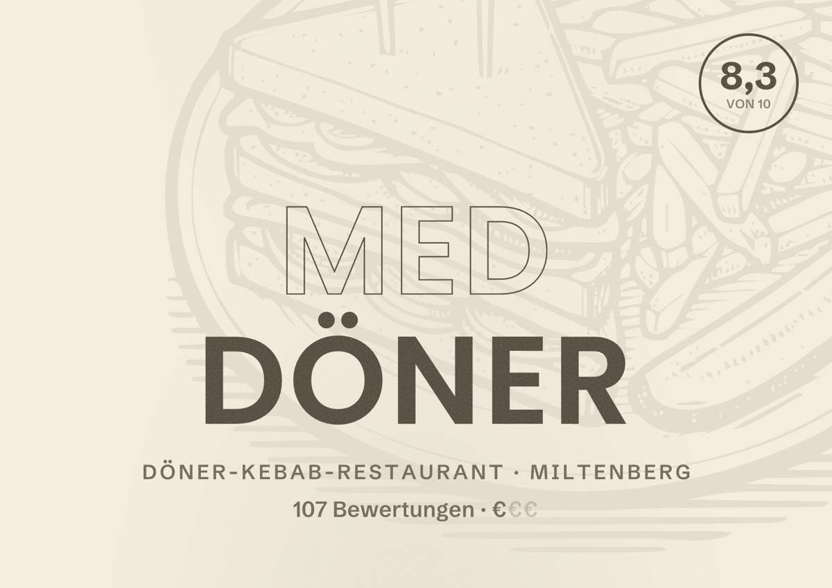 Illustriertes Poster von Med Döner, Döner-Kebab-Restaurant in Miltenberg: Bewertung 8,3 von 10 aus 107 Bewertungen, Preisniveau €