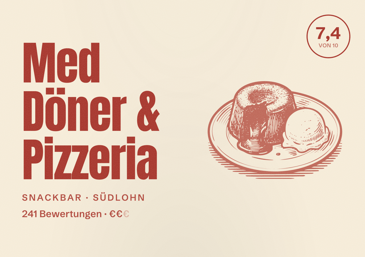 Illustriertes Poster von Med Döner & Pizzeria, Snackbar in Südlohn: Bewertung 7,4 von 10 aus 241 Bewertungen, Preisniveau €€