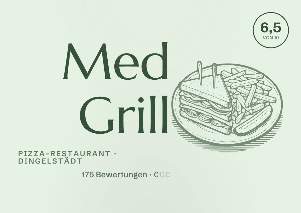 Illustriertes Poster von Med Grill, Pizza-Restaurant in Dingelstädt: Bewertung 6,5 von 10 aus 175 Bewertungen, Preisniveau €
