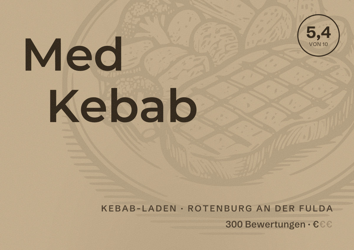Illustriertes Poster von Med Kebab, Kebab-Laden in Rotenburg an der Fulda: Bewertung 5,4 von 10 aus 300 Bewertungen, Preisniveau €