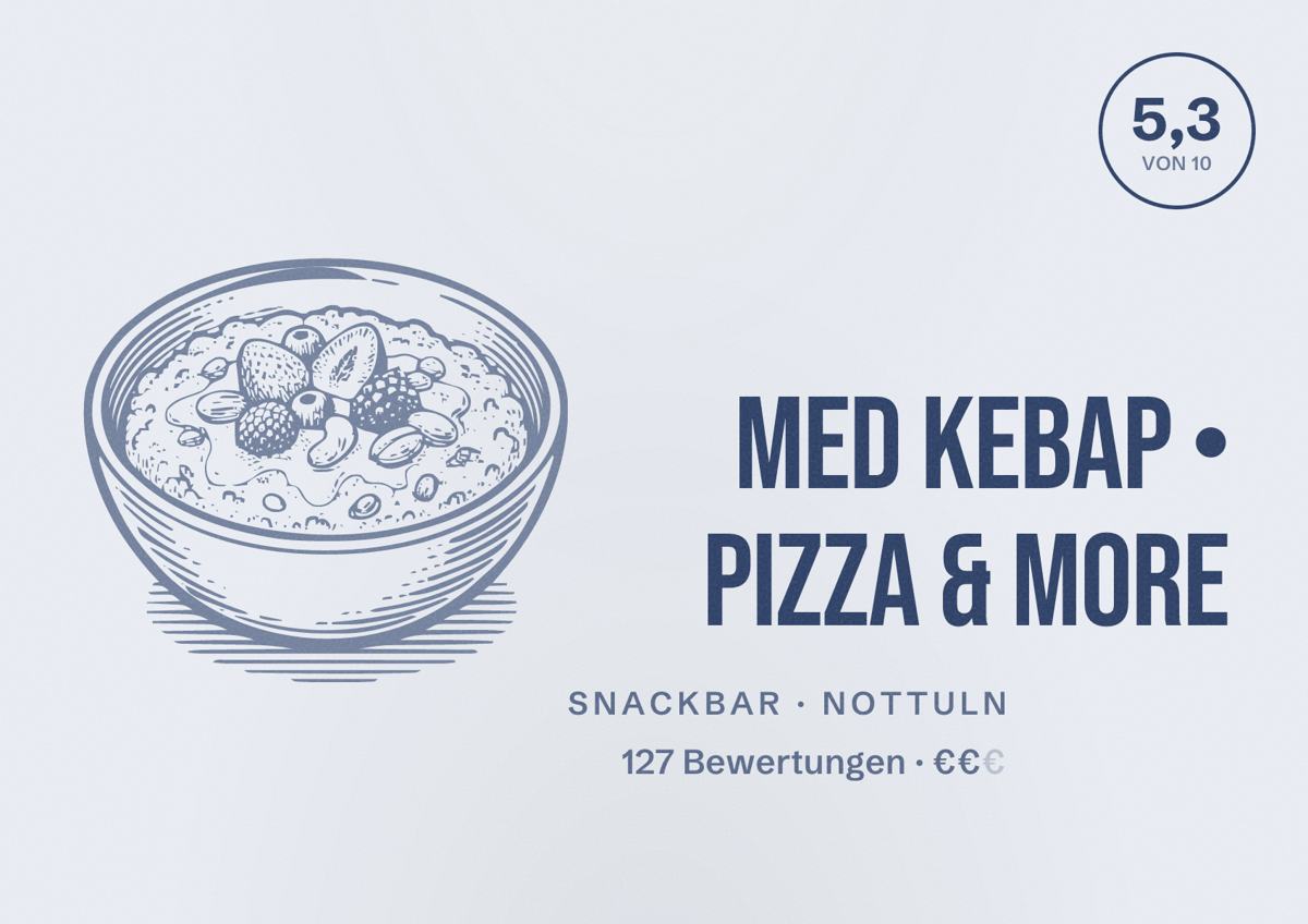 Illustriertes Poster von MED Kebap • Pizza & more, Snackbar in Nottuln: Bewertung 5,3 von 10 aus 127 Bewertungen, Preisniveau €€