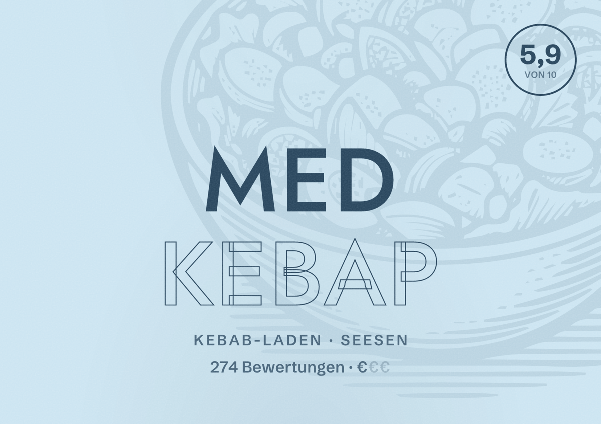 Illustriertes Poster von Med Kebap, Kebab-Laden in Seesen: Bewertung 5,9 von 10 aus 274 Bewertungen, Preisniveau €