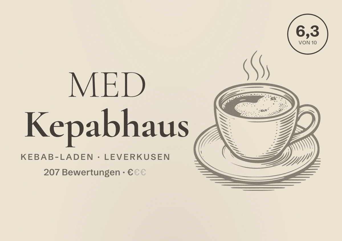 Illustriertes Poster von MED Kepabhaus, Kebab-Laden in Leverkusen: Bewertung 6,3 von 10 aus 207 Bewertungen, Preisniveau €